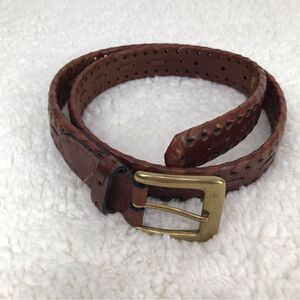 Brown Leather Brass Buckle Perforated Weave Belt